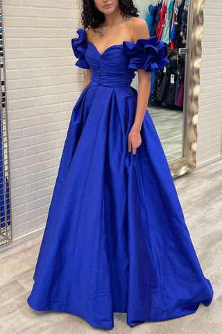 Off the Shoulder Royal Blue Satin Prom Dresses, Royal Blue Satin Long Formal Graduation Dresses