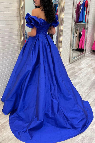 Off the Shoulder Royal Blue Satin Prom Dresses, Royal Blue Satin Long Formal Graduation Dresses