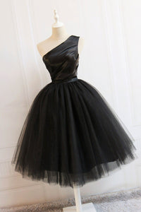 One Shoulder Black Tulle Short Prom Dresses, Short Black Homecoming Dresses, Black Formal Evening Dresses