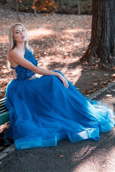 One Shoulder Blue Lace Tulle Long Prom Dresses, One Shoulder Blue Formal Dresses, Blue Lace Evening Dresses