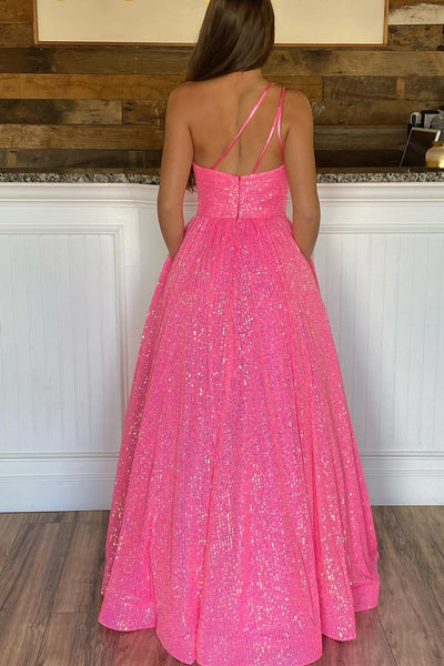 One Shoulder Hot Pink Prom Dresses, One Shoulder Hot Pink Long Formal Graduation Dresses