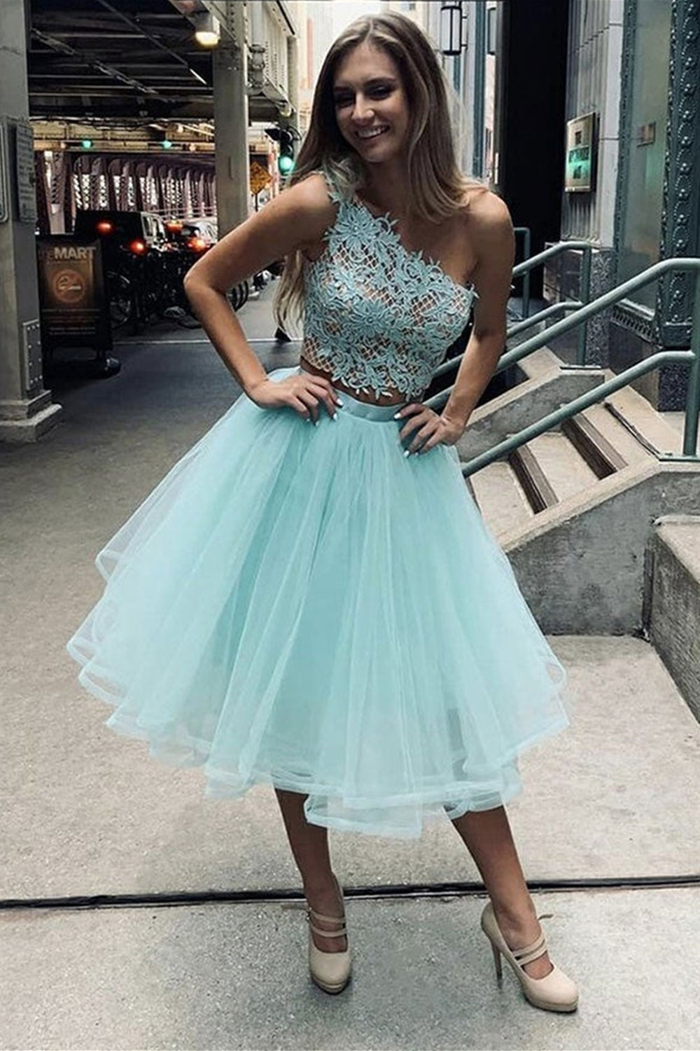 One Shoulder Two Pieces Blue Lace Short Prom Dresses, 2 Pieces Blue Homecoming Dresses, Blue Lace Formal Evening Dresses