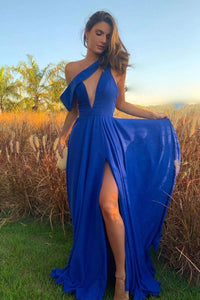 One Shoulder V Neck Blue Long Prom Dresses with High Slit, V Neck Blue Formal Dresses, Blue Evening Dresses