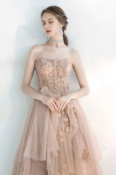 Open Back Beaded Champagne Tulle Long Prom Dresses, Champagne Formal Evening Dresses, Party Dresses