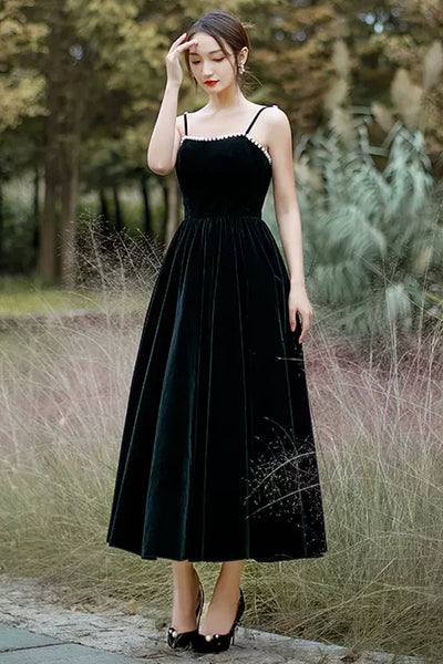 Open Back Black Velvet Tea Length Prom Dresses, Black Velvet Homecoming Dresses, Black Formal Graduation Evening Dresses WT1014