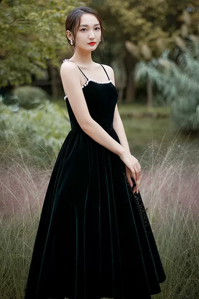 Open Back Black Velvet Tea Length Prom Dresses, Black Velvet Homecoming Dresses, Black Formal Graduation Evening Dresses WT1014