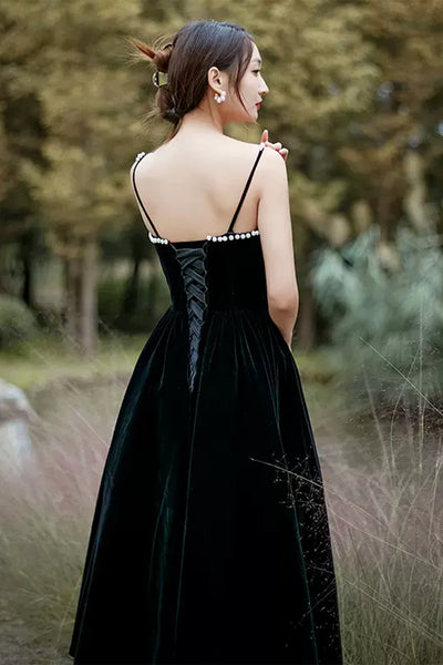 Open Back Black Velvet Tea Length Prom Dresses, Black Velvet Homecoming Dresses, Black Formal Graduation Evening Dresses WT1014