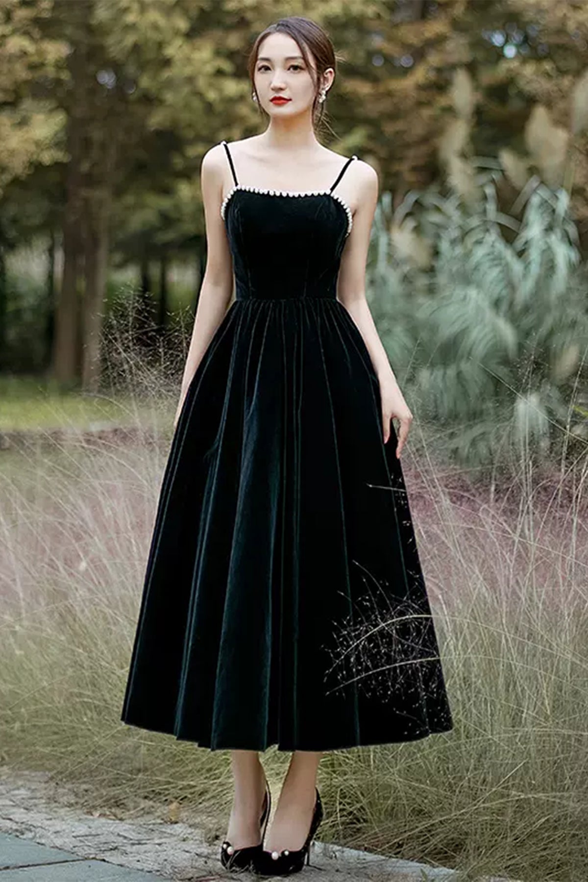 Open Back Black Velvet Tea Length Prom Dresses, Black Velvet Homecoming Dresses, Black Formal Graduation Evening Dresses WT1014