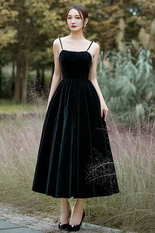 Open Back Black Velvet Tea Length Prom Dresses, Black Velvet Homecoming Dresses, Black Formal Graduation Evening Dresses WT1014