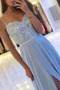 Open Back Blue Chiffon Long Lace Prom Dresses with High Slit, Sweetheart Neck Blue Bridesmaid Dresses, Blue Lace Formal Evening Dresses