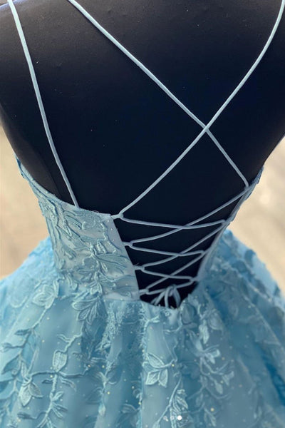 Open Back Blue Lace Long Prom Dresses, Backless Blue Formal Dresses, Blue Lace Evening Party Dresses