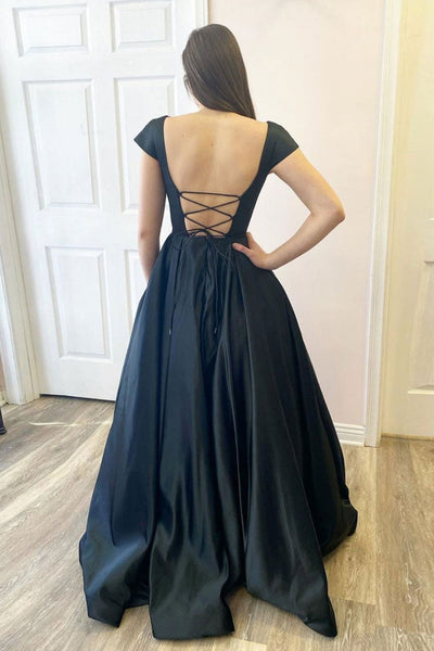 Open Back Cap Sleeves Black Satin Long Prom Dresses, Cap Sleeves Black Formal Graduation Evening Dresses