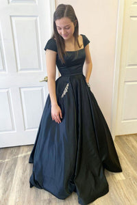 Open Back Cap Sleeves Black Satin Long Prom Dresses, Cap Sleeves Black Formal Graduation Evening Dresses