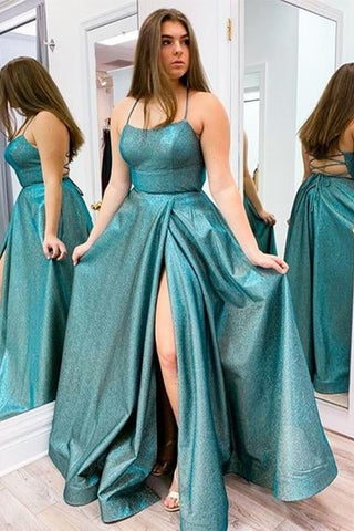 Open Back High Slit Green Long Prom Dresses, Backless Green Formal Graduation Evening Dresses