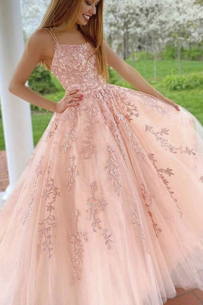 Open Back Pink Lace Tulle Long Prom Dresses, Pink Lace Formal Dresses, Pink Evening Dresses2