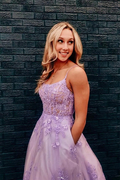 Open Back Purple Lace Floral Long Prom Dresses, Purple Lace Formal Evening Dresses WT1030