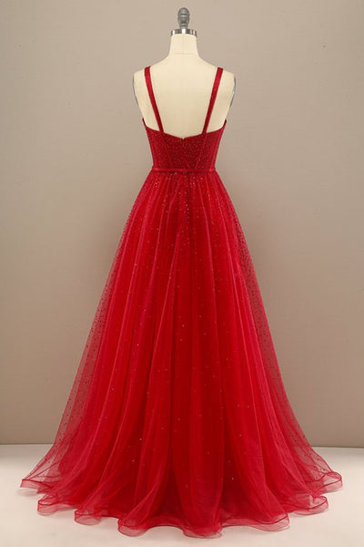 Open Back Red Tulle Beaded Long Prom Dresses, Sweetheart Neck Red Formal Dresses, Beaded Red Evening Dresses