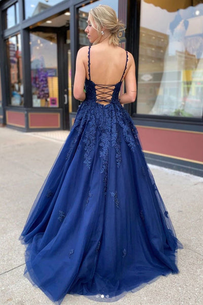 Open Back V Neck Blue Lace Long Prom Dresses, V Neck Blue Formal Dresses, Blue Lace Evening Dresses