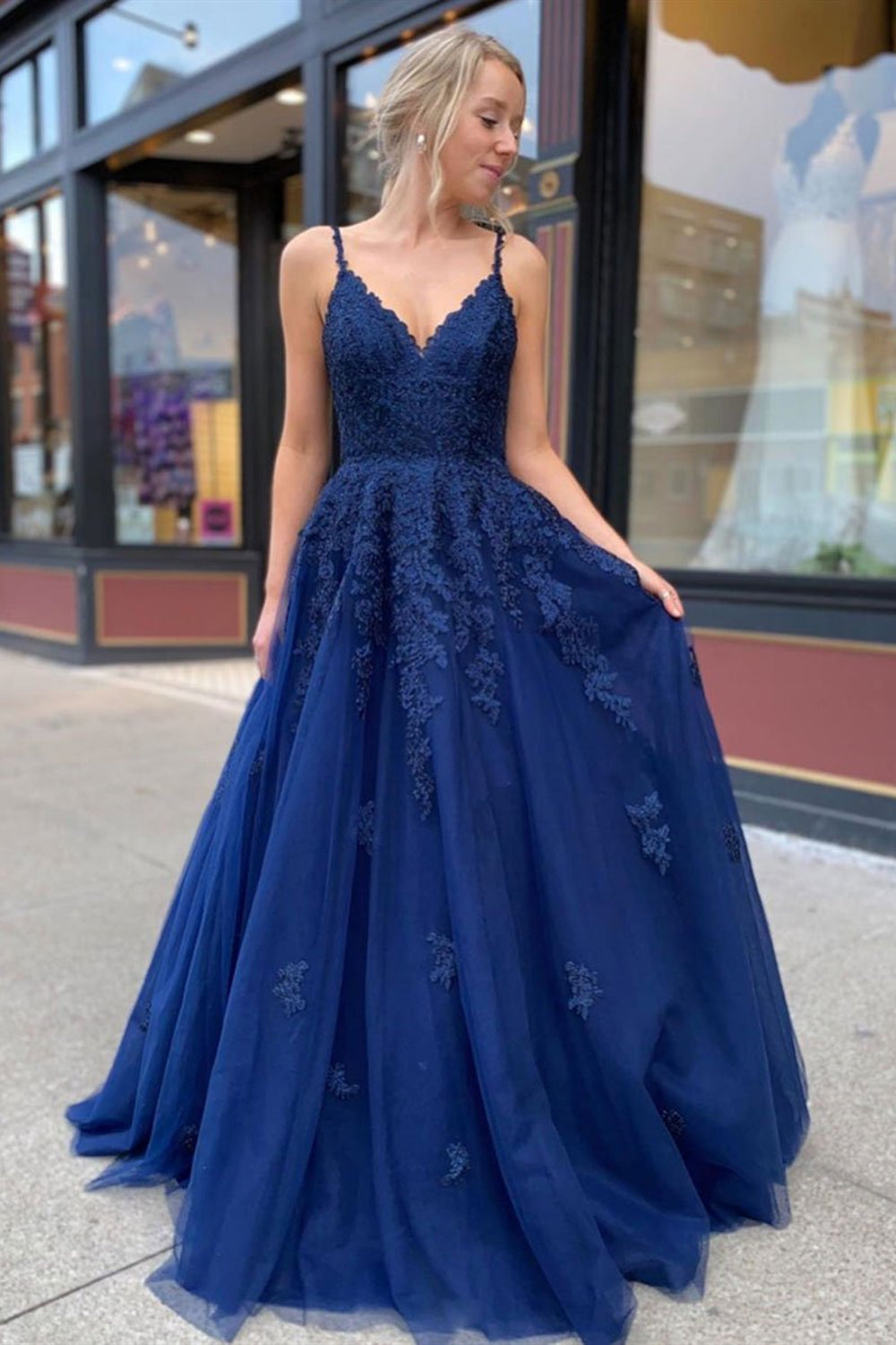 Open Back V Neck Blue Lace Long Prom Dresses, V Neck Blue Formal Dresses, Blue Lace Evening Dresses