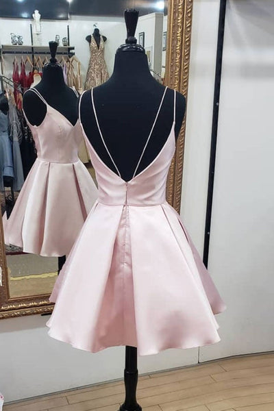 Open Back V Neck Pink Short Prom Dresses, V Neck Pink Homecoming Dresses, Backless Pink Formal Evening Dresses