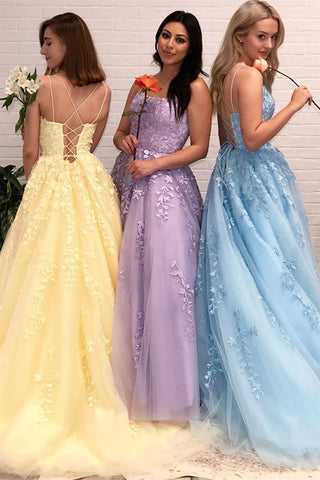 Open Back Yellow Purple Blue Lace Tulle Long Prom Dresses, Yellow Purple Blue Lace Formal Evening Dresses