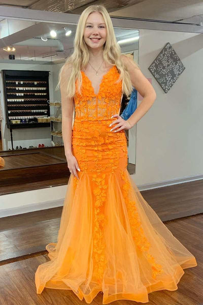 Orange Lace V Neck Open Back Mermaid Long Prom Dresses, Mermaid Orange Formal Dresses, Orange Lace Evening Dresses WT1124