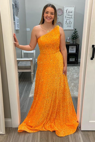 Orange Sequins One Shoulder Long Prom Dresses, Shiny Orange Formal Graduation Evening Dresses WT1090