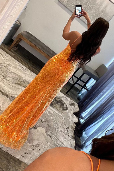 Orange Sequins V Neck Mermaid Long Prom Dresses with High Slit, Mermaid Orange Formal Graduation Evening Dresses WT1137