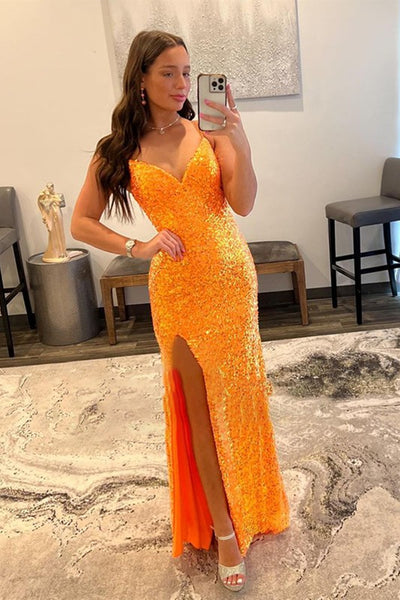 Orange Sequins V Neck Mermaid Long Prom Dresses with High Slit, Mermaid Orange Formal Graduation Evening Dresses WT1137