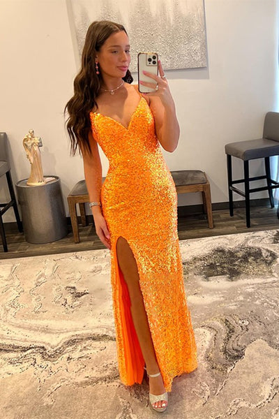 Orange Sequins V Neck Mermaid Long Prom Dresses with High Slit, Mermaid Orange Formal Graduation Evening Dresses WT1137