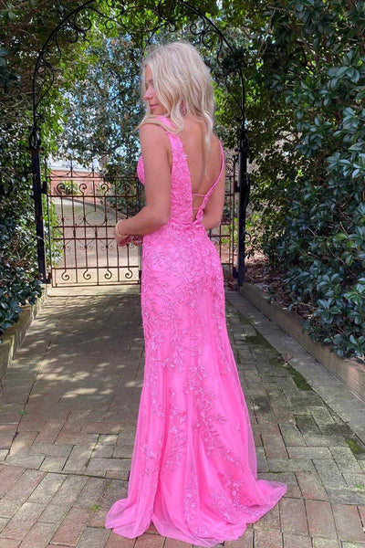 Pink Lace Mermaid V Neck Long Prom Dresses, Mermaid Pink Formal Dresses, Pink Lace Evening Dresses WT1143