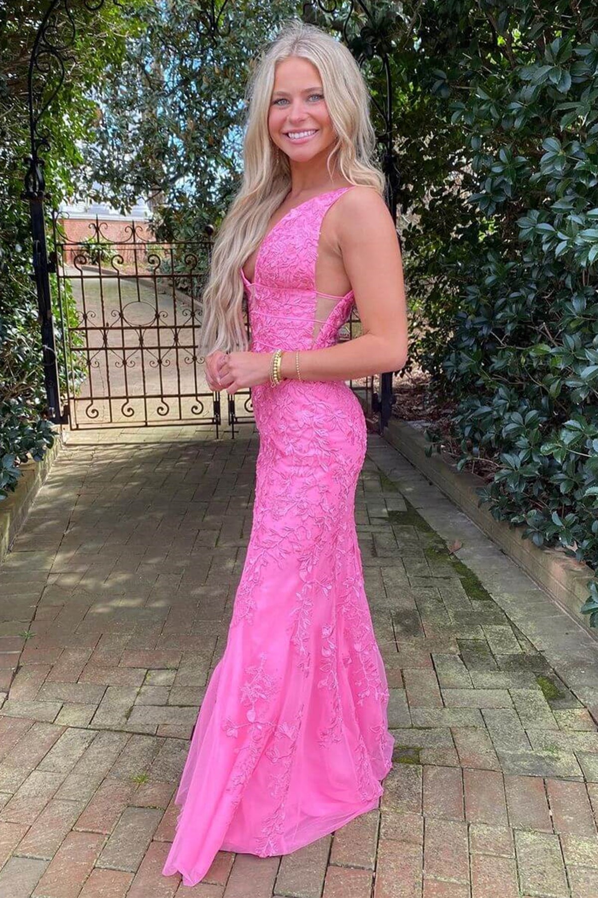 Pink Lace Mermaid V Neck Long Prom Dresses, Mermaid Pink Formal Dresses, Pink Lace Evening Dresses WT1143