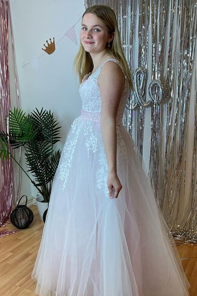 Pink Lace V Neck Long Prom Dresses with Belt, Pink Lace Formal Dresses, Pink Evening Dresses WT1096