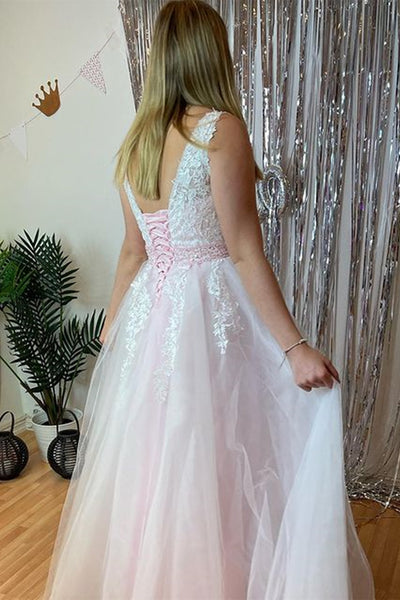 Pink Lace V Neck Long Prom Dresses with Belt, Pink Lace Formal Dresses, Pink Evening Dresses WT1096