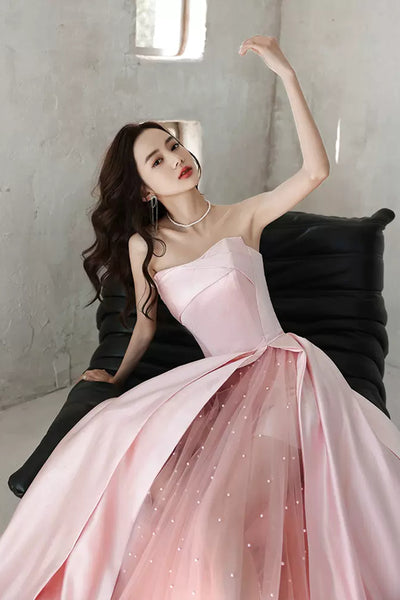 Pink Satin Elegant Strapless Long Prom Dresses, Long Pink Formal Graduation Evening Dresses WT1081