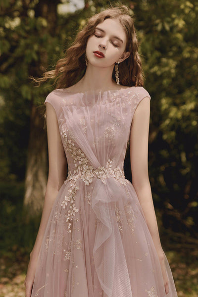 Pink Tulle A Line Cap Sleeves Lace Long Prom Dresses, Pink Lace Formal Dresses, Pink Evening Dresses WT1155