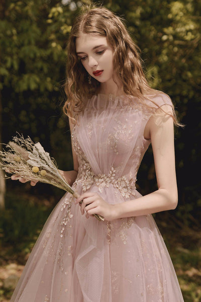 Pink Tulle A Line Cap Sleeves Lace Long Prom Dresses, Pink Lace Formal Dresses, Pink Evening Dresses WT1155