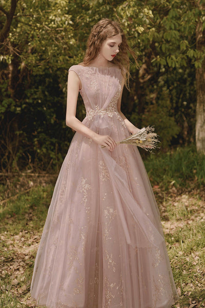 Pink Tulle A Line Cap Sleeves Lace Long Prom Dresses, Pink Lace Formal Dresses, Pink Evening Dresses WT1155
