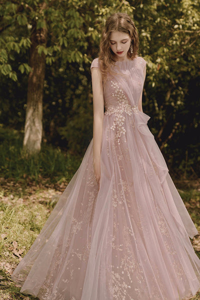 Pink Tulle A Line Cap Sleeves Lace Long Prom Dresses, Pink Lace Formal Dresses, Pink Evening Dresses WT1155