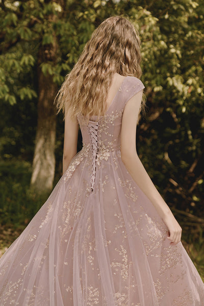 Pink Tulle A Line Cap Sleeves Lace Long Prom Dresses, Pink Lace Formal Dresses, Pink Evening Dresses WT1155