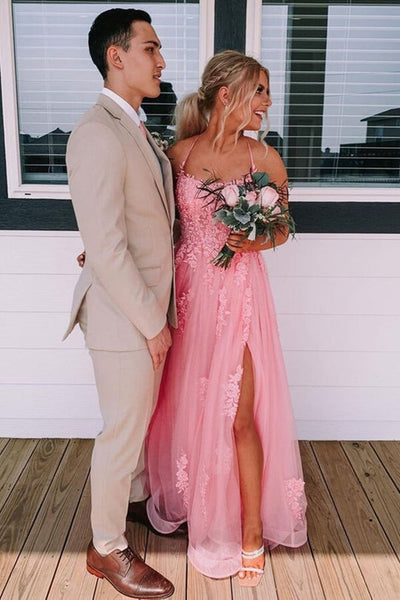 Pink Tulle Backless Lace Long Prom Dresses with High Slit, Pink Lace Formal Dresses, Pink Evening Dresses with Appliques WT1114