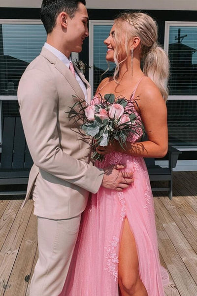 Pink Tulle Backless Lace Long Prom Dresses with High Slit, Pink Lace Formal Dresses, Pink Evening Dresses with Appliques WT1114