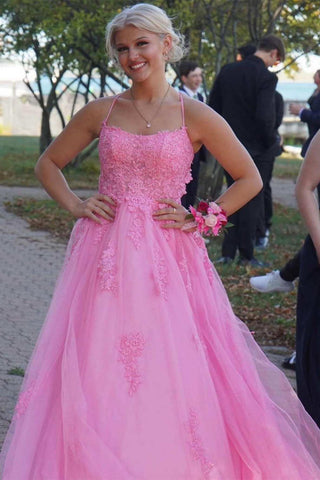 Pink Tulle Backless Lace Long Prom Dresses with High Slit, Pink Lace Formal Dresses, Pink Evening Dresses with Appliques WT1114