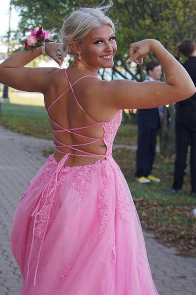 Pink Tulle Backless Lace Long Prom Dresses with High Slit, Pink Lace Formal Dresses, Pink Evening Dresses with Appliques WT1114