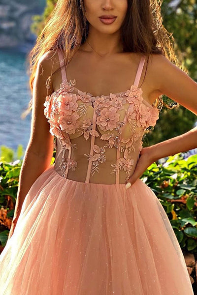 Pink Tulle Floral Long Prom Dresses, Pink Formal Dresses with Flowers, Long Pink Evening Dresses