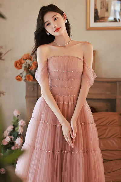 Pink Tulle Off Shoulder Beaded Long Prom Dresses, Off the Shoulder Pink Formal Graduation Evening Dresses WT1191