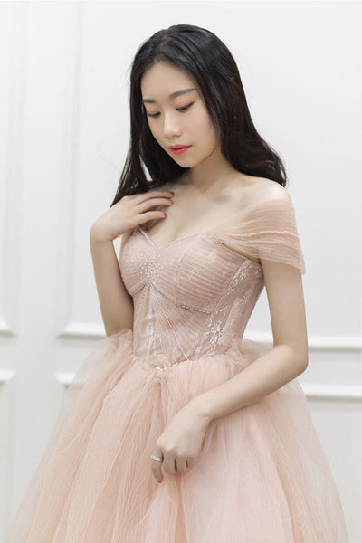 Pink Tulle Off Shoulder Long Prom Dresses, Off the Shoulder Pink Formal Dresses, Pink Lace Evening Dresses WT1053