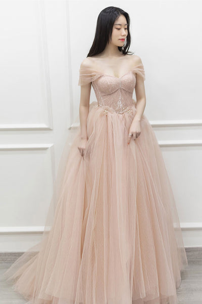 Pink Tulle Off Shoulder Long Prom Dresses, Off the Shoulder Pink Formal Dresses, Pink Lace Evening Dresses WT1053