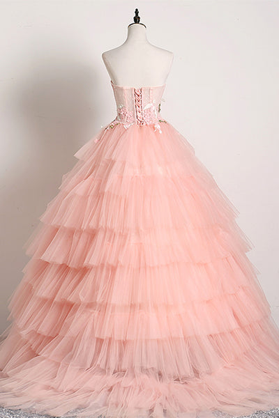 Pink Tulle Strapless Layered Floral Long Prom Dresses. Pink Tulle Formal Evening Dresses, Pink Ball Gown WT1186
