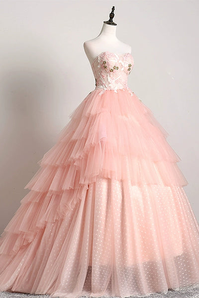 Pink Tulle Strapless Layered Floral Long Prom Dresses. Pink Tulle Formal Evening Dresses, Pink Ball Gown WT1186